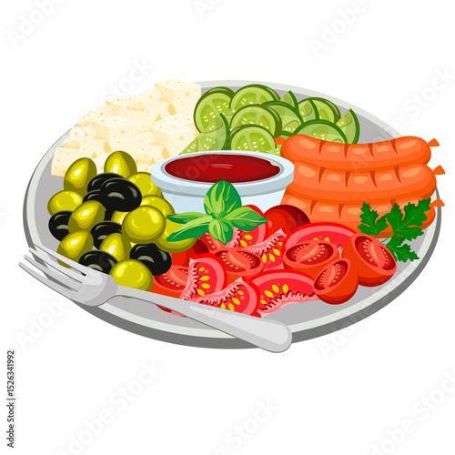 Plate with olives, sausages, cucumbers, tomatoes and cheese vector