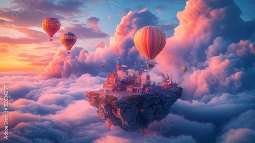 whimsical floating island carnival with cotton candy clouds and hot air balloons drifting lazily above, Generative AI
