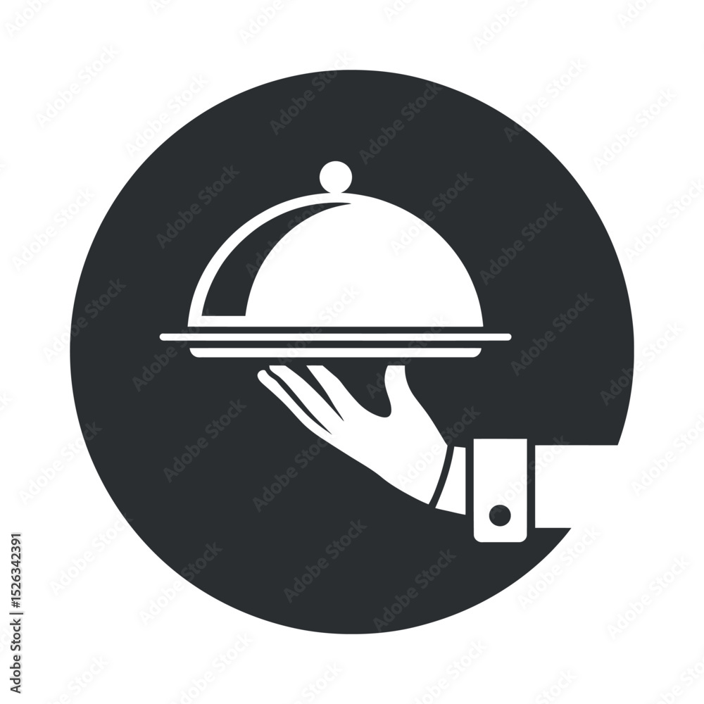 Fototapeta premium Elegant Restaurant Service Icon Hand Holding Silver Cloche on Tray Black and White Minimalist Design for Food and Beverage Industry Branding