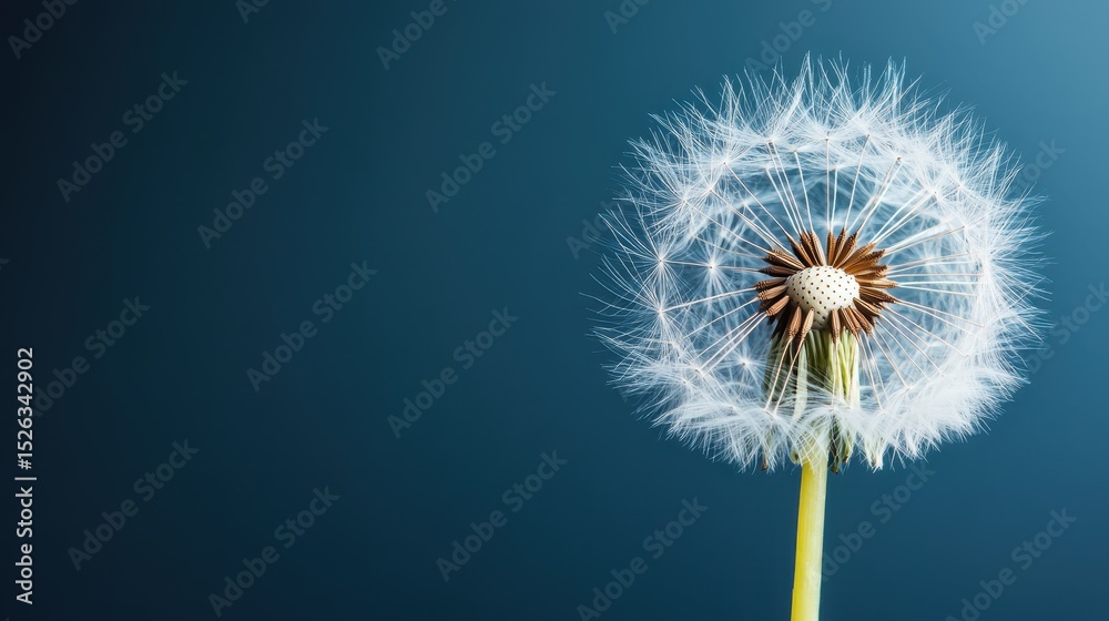 Obraz premium A delicate dandelion puff stands out against a bright blue background, beautifully capturing the fleeting nature of life and symbolizing wishes and the beauty of simplicity.