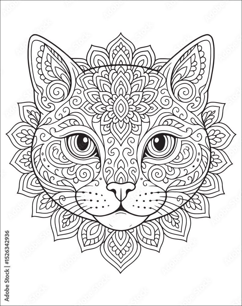 Fototapeta premium Cat Animal Mandala Coloring Page for Adults.