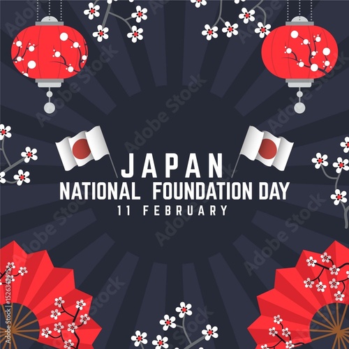 Flat Japan Foundation Day illustration featuring red sun flag, cherry blossoms, traditional symbols, and festive design elements, perfect for national celebration, holiday events, and cultural pride photo
