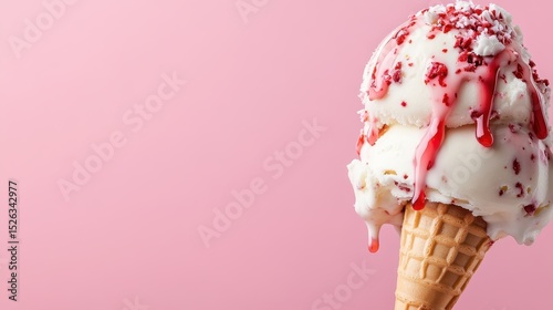A tempting ice cream cone topped with vibrant sprinkles and sauce is captured against a pink background, invoking feelings of sweetness and enjoyable treats.