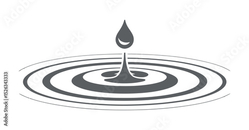 Water Drop Impacting Surface Creating Ripples Minimalist Design in Gray Color Isolated on White Background Vector Illustration
