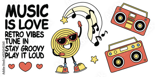 Funky illustration celebrating music and retro vibes with a smiling character cool sunglasses and a pair of red boomboxes