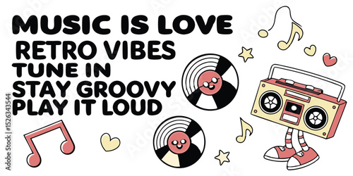 Whimsical retro music illustration featuring smiling vinyl records, boombox with legs, musical notes, and hearts, embracing groovy vibes.