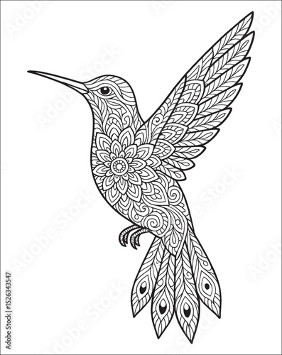 Humming Bird Animal Mandala Coloring Page for Adults.