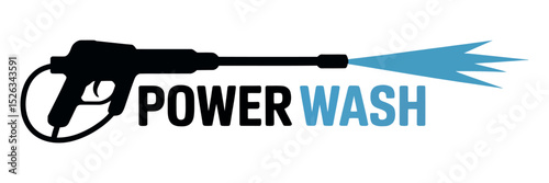 Modern Power Wash Logo Design Featuring a Pressure Washer Gun and Blue Water Spray on a White Background