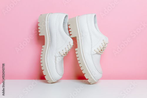 Fashionable leather female shoes on pink background