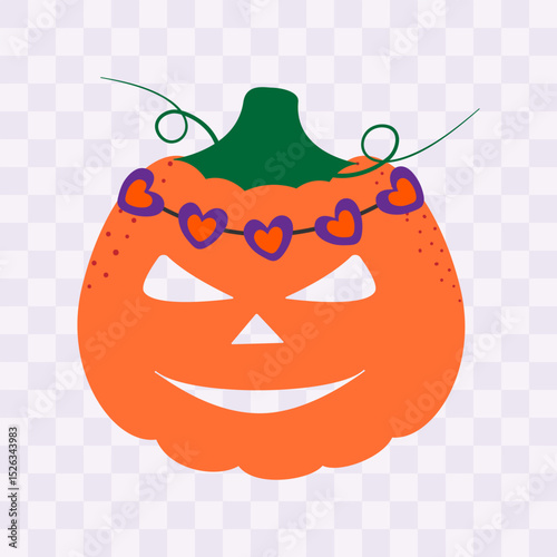 Hand Drawn Halloween Pumpkin Girl with decorative Wreath of Hearts Cute Halloween Festive Character