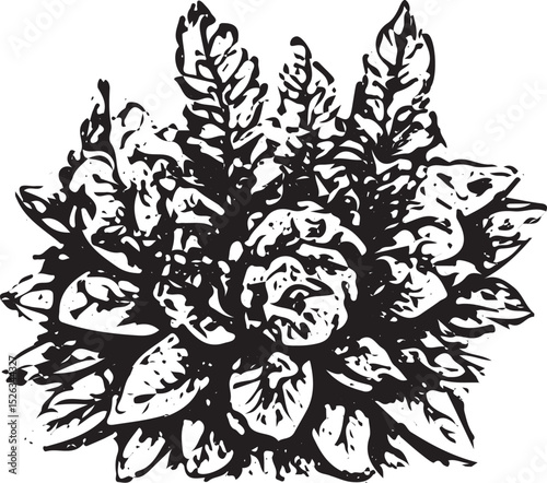 A striking black and white illustration of a dense, leafy bush with intricate textures, perfect for nature-themed designs, posters, or digital art. This detailed, abstract foliage pattern adds a bold