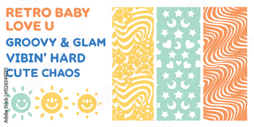 Fun and whimsical retro patterns and smiley sun illustrations create groovy vibes and charming artwork.