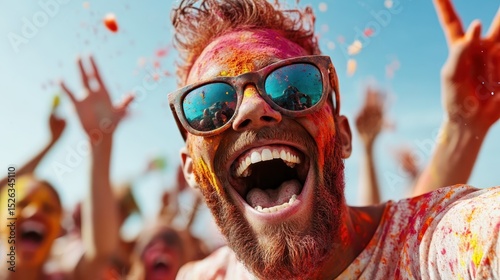 A joyful man celebrating at a vibrant festival, covered in colorful powders, capturing the essence of fun, camaraderie, and the exuberance of life’s joyous moments.