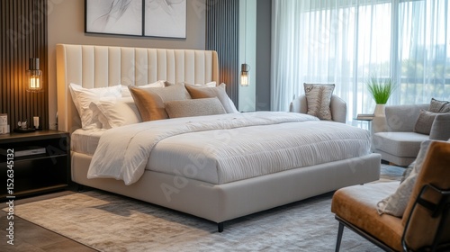 A stylish, modern bedroom featuring a luxury platform bed with plush white bedding and a decorative headboard, surrounded by contemporary furniture