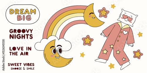 Adorable retro illustration featuring a smiling moon rainbow and a dreamy pillow character with a positive message