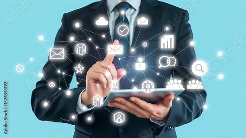 Businessman Interacting with Digital Tablet and Internet of Things (IoT) Network: Illustrating Cloud Computing, Business Communication, and Global Connectivity