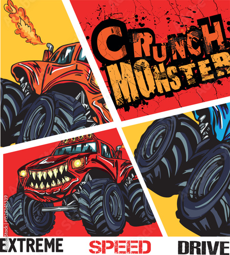 Monster Track car typography print. Off road truck illustration. Vector illustration,  boys background  For print, baby clothes, t shirt, child or posters