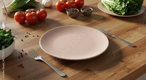 Elegant table setting with pink plate fresh vegetables and wooden surface