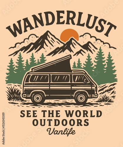 Wanderlust Vanlife Design – Vintage Outdoor Adventure Graphic with Camper Van, Mountains, and Forest Illustration