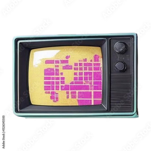 Retro television with abstract pink and yellow grid pattern for vintage tech and design enthusiasts alike