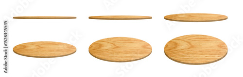 Realistic 3D wooden plate podium with top, perspective, and side views. Round wood platforms for product display, cosmetics, presentation, or exhibition. Eco-friendly circular stands, isolated vector.