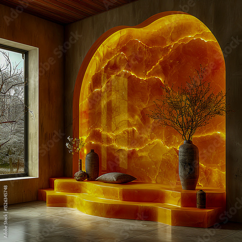Elegant Yellow Onyx Product Display Podium with Luxurious Backdrop