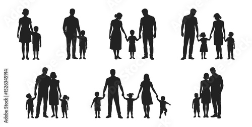 Silhouettes of family groups with children holding hands, vector illustration set. Depicts parents and kids in various poses representing family love and connection.