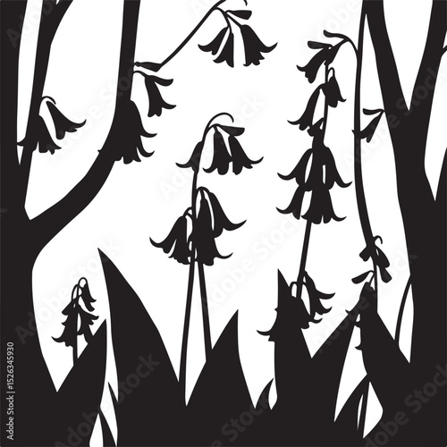 Timeless and elegant Isekai anime-style vector artwork. Virginia bluebells are depicted as expressive black and white silhouettes on a clean white background.