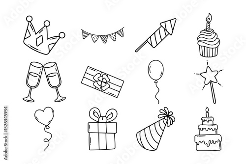 Set of hand-drawn doodle icons representing birthday or anniversary party celebration elements
