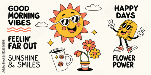Cheerful groovy illustrations featuring sunshine flowers coffee and happy characters in a retro style for positive vibes