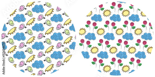 Freehand Butterflies Clouds Sun and Flowers Seamless Patterns on Circle Backgrounds Set Summer fond