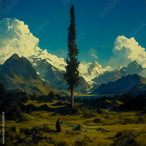 Majestic Mountain Landscape A Lone Tree Stands Tall
