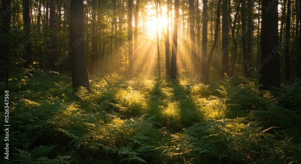 Fototapeta premium Sunlight Shining Through Green Forest Trees in Morning
