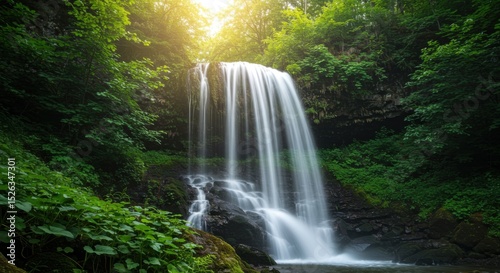 A Tranquil Waterfall Shimmers in The Light Through The Trees