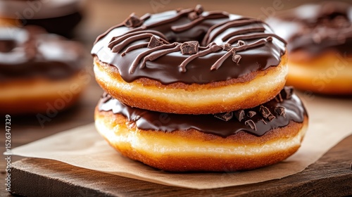 A mouthwatering stack of chocolate glazed donuts, featuring a shiny surface and sweet chocolate drizzle, evoking indulgence and delight in sweet treat lovers. photo