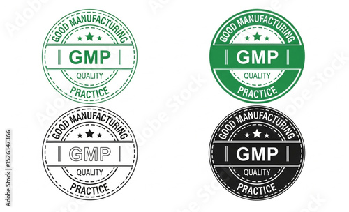 GMP Certified Stamp Set: Quality Manufacturing Practice Vector Seals for Product Certification, Compliance and Labeling