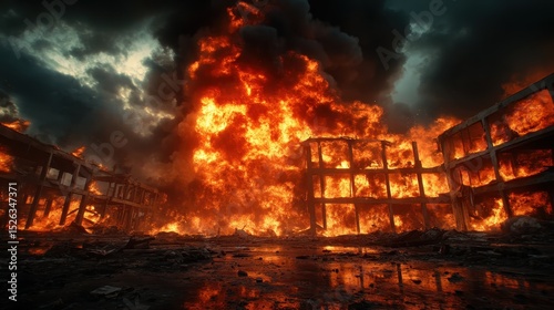 An intense firestorm engulfs a crumbling city, illustrating devastation and chaos. The raw power of nature unleashes terror, creating a haunting and dramatic landscape.