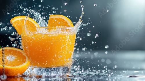 A vibrant glass of refreshing orange juice splashing, capturing the essence of summer with bright orange slices and sparkling droplets in a dynamic composition.