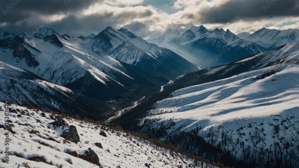 Fototapeta premium Snow Covered Mountain Landscape With Cloudy Sky Above Outdoors