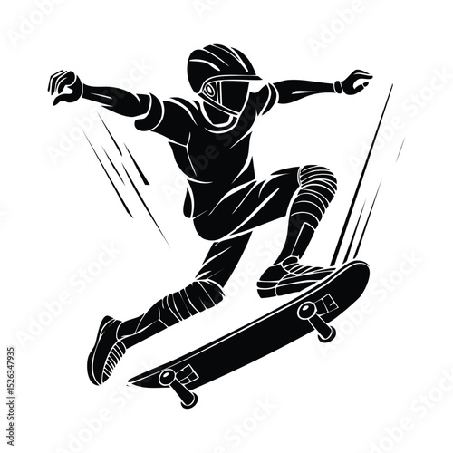 Black vector illustration of a skateboarder performing a mid-air trick