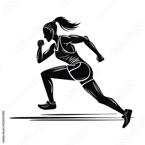 Black and white vector illustration of a sprinter in starting position on track, tense muscle