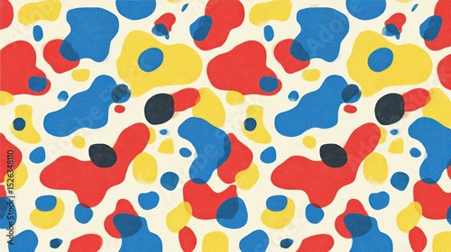 Playful abstract pattern with colorful organic blobs in red, blue, yellow, and black, evoking retro charm and creativity.








