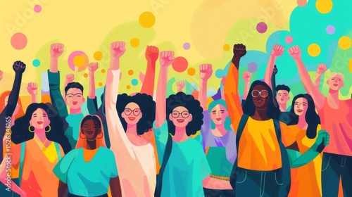 Group of people with raised arms on a bright background, useful for articles about holidays and community events.