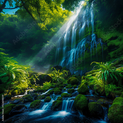 Majestic Waterfall Cascading Through Lush Tropical Forest A Breathtaking Nature Scene
