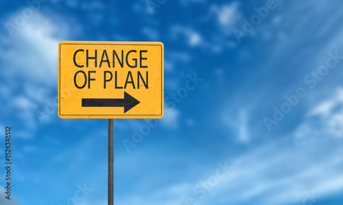 Change of planning sign symbol yellow orange color arrow direction black color font text change of plan blue sky background wallpaper copy space business success idea direction strategy goal future 