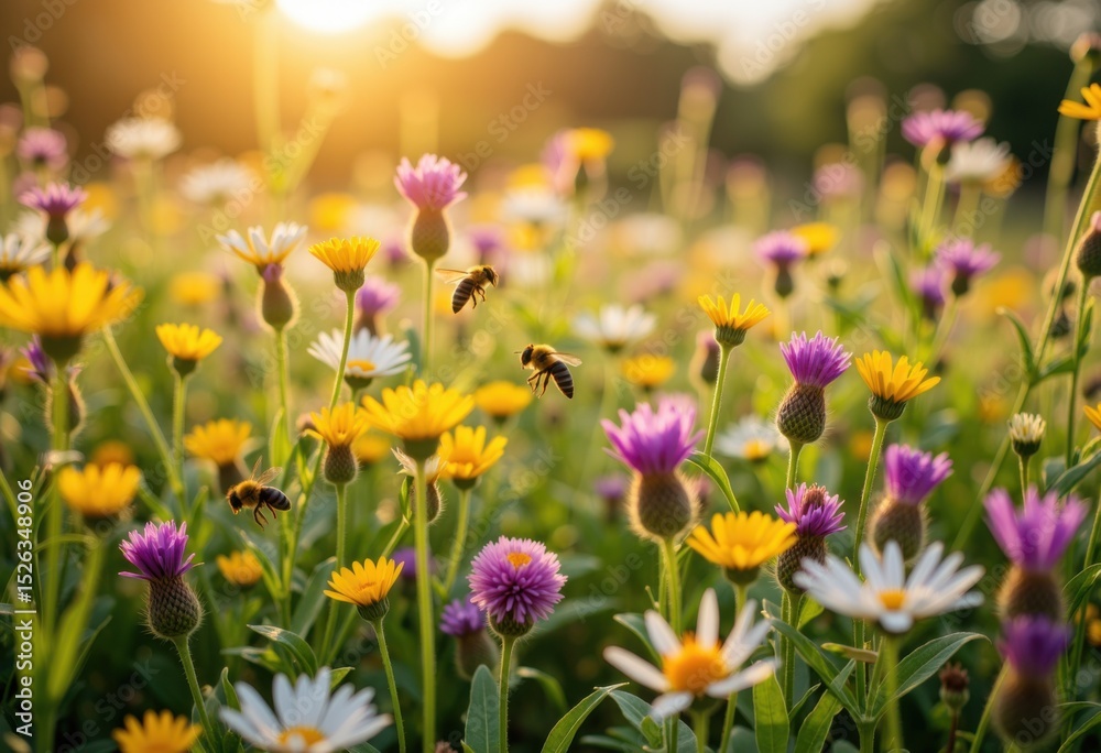 Obraz premium Bright wildflowers in a sunlit meadow with bees collecting nectar