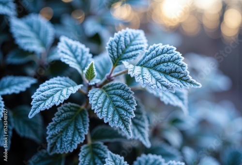 Frosted leaves of a plant glisten in soft winter light, highlighting intricate textures and cold weather resilience