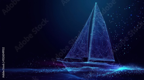 Digital sailboat sailing dark ocean, glowing particles, futuristic design, website banner