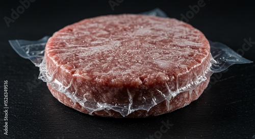 Frozen ground beef patty sealed in plastic wrap on a dark surface