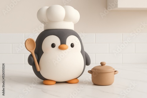 Cute penguin chef with spoon and pot in minimalist kitchen setting